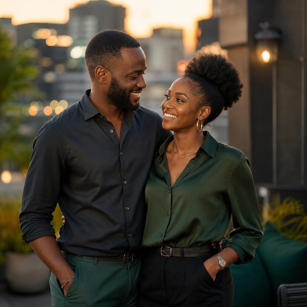 A happy couple laughing together at a warm-lit rooftop gathering