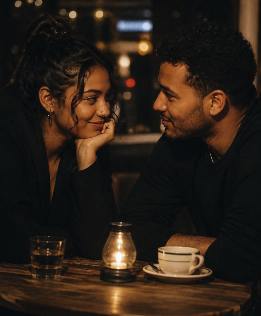 A couple sharing a quiet moment across a cafe table at night